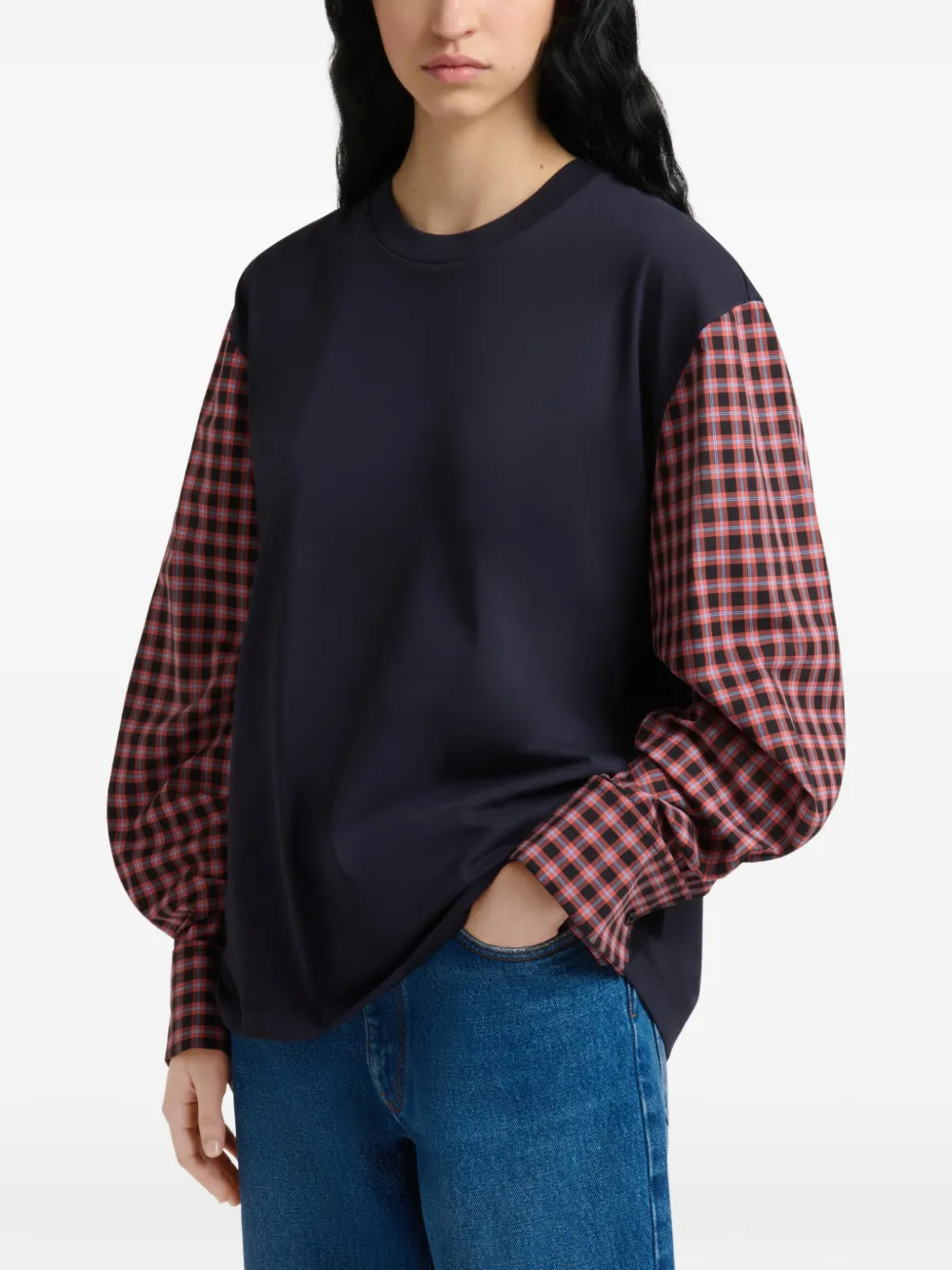 Marni Katoenen T-shirt met geruite overhemdmouwen Blauw