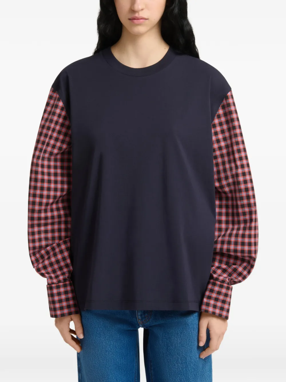 Marni Katoenen T-shirt met geruite overhemdmouwen Blauw