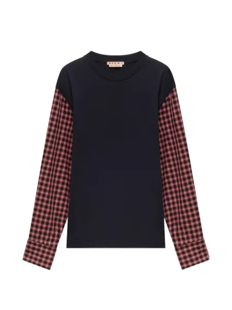 Marni deep blue cotton T-shirt with checked shirt-sleeves