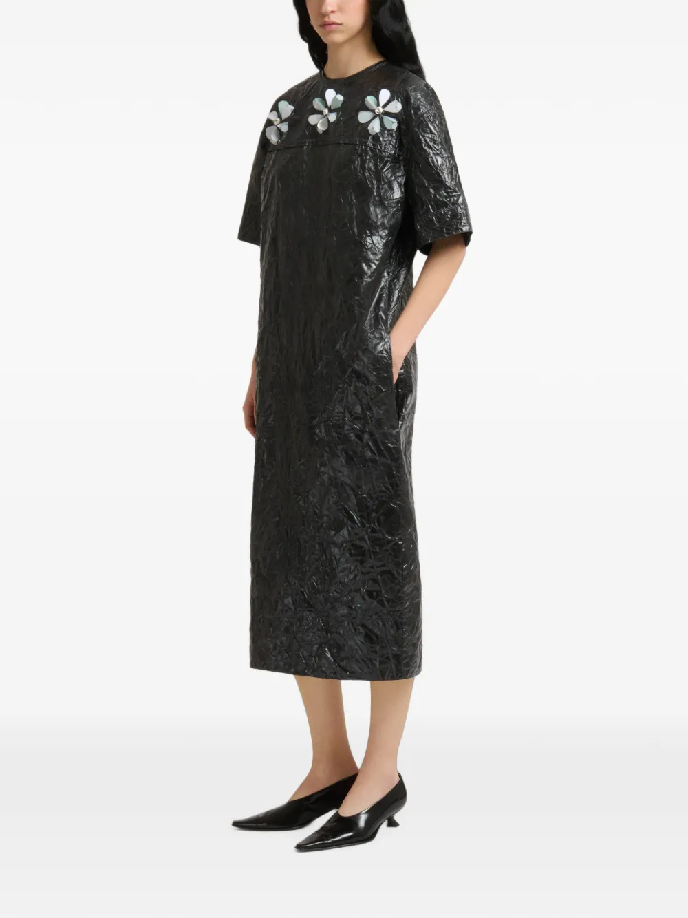 Marni Gekreukte taffeta jurk met bloemen-details Zwart