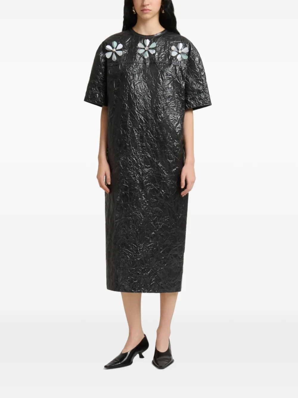Marni Gekreukte taffeta jurk met bloemen-details Zwart