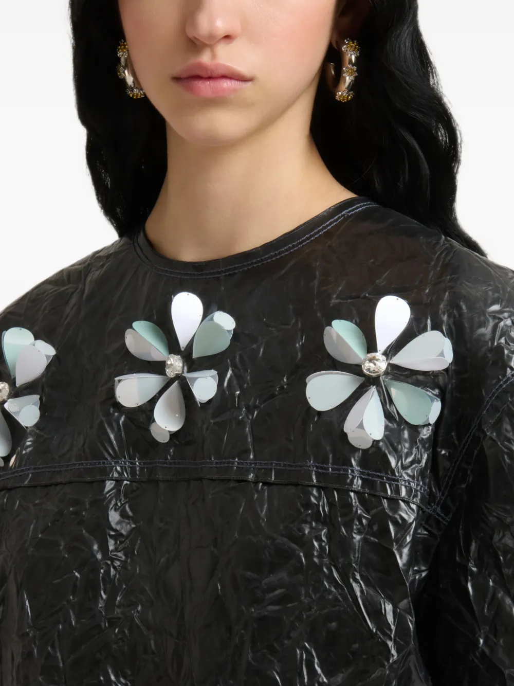 Marni Gekreukte taffeta jurk met bloemen-details Zwart