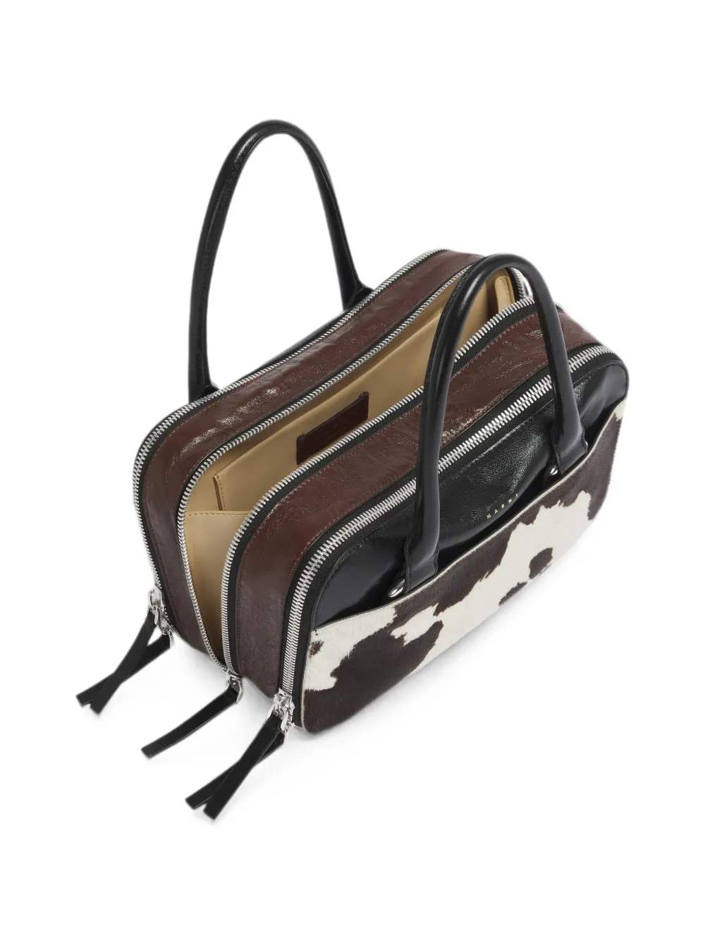 Marni Kleine Boxyne leren tas met koeien-print Bruin