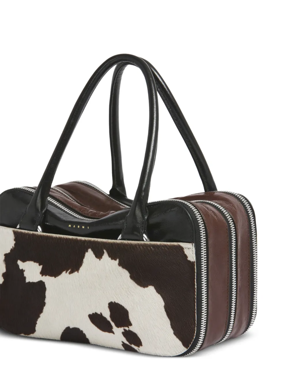 Marni Kleine Boxyne leren tas met koeien-print Bruin