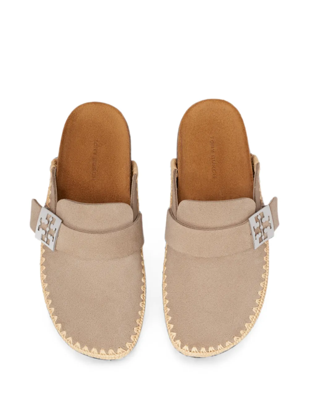 Tory Burch Mellow logo-plaque raffia flat mules Beige