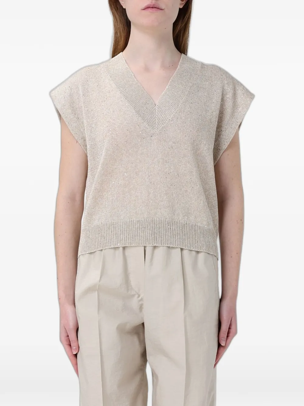 Brunello Cucinelli sequin-embellished V-neck vest - Nude