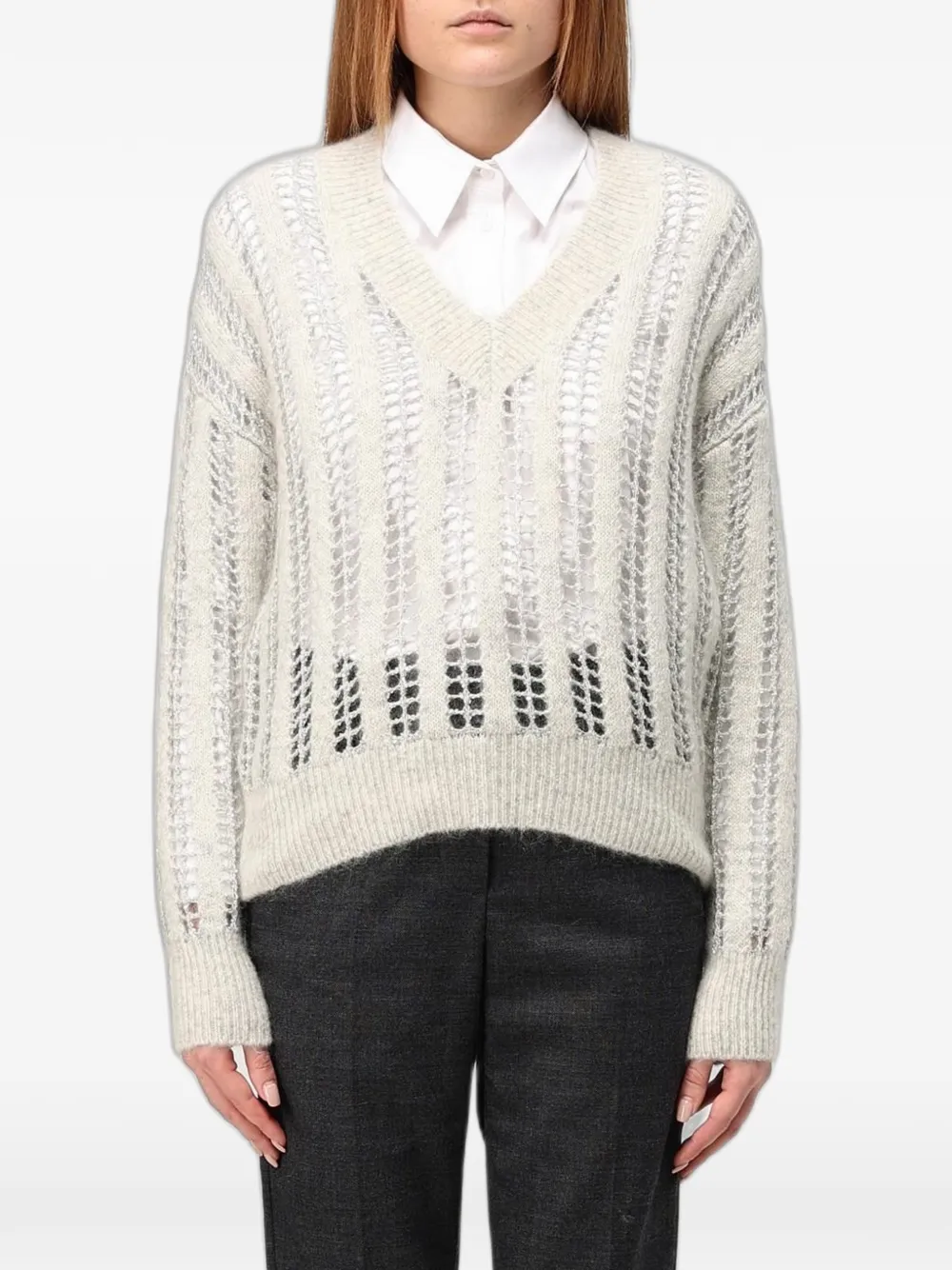 Brunello Cucinelli V-neck open-knit sweater - Grey