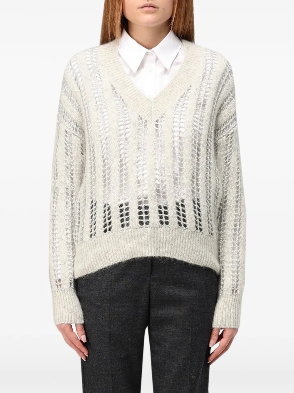 Brunello Cucinelli V-neck open-knit sweater - Grigio