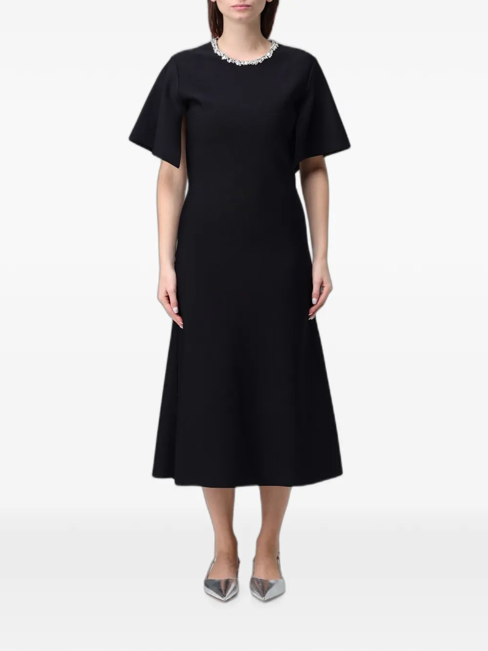 Alexander McQueen crystal-embellished cape-sleeve midi dress - Nero