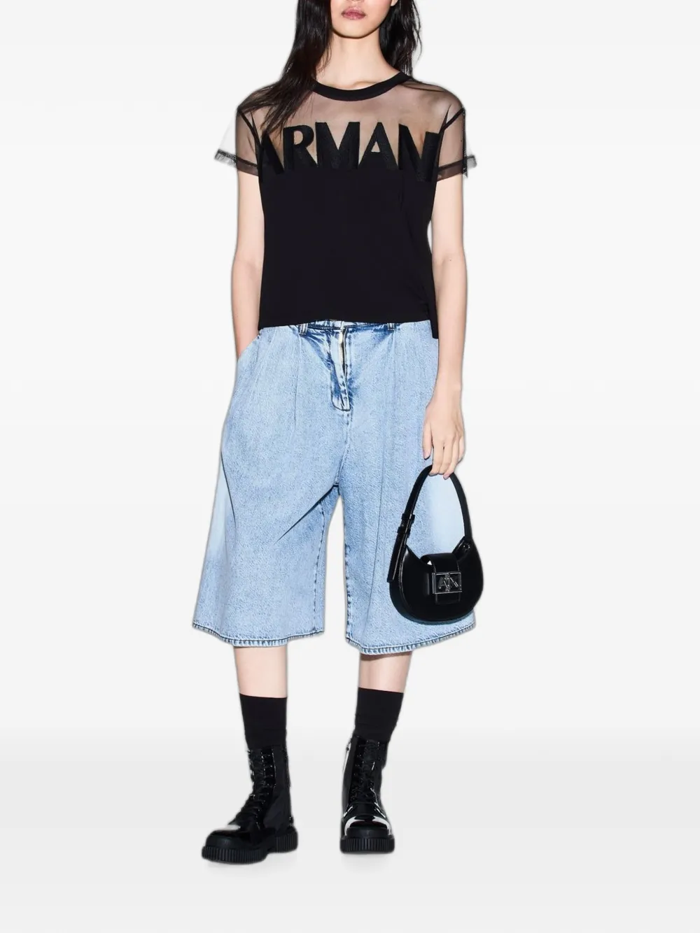 Armani Exchange T-shirt met tulen vlakken en logopatch Zwart
