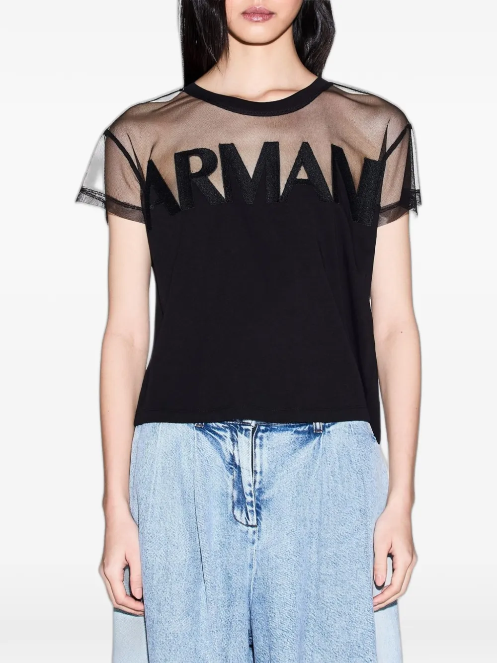 Armani Exchange T-shirt met tulen vlakken en logopatch Zwart