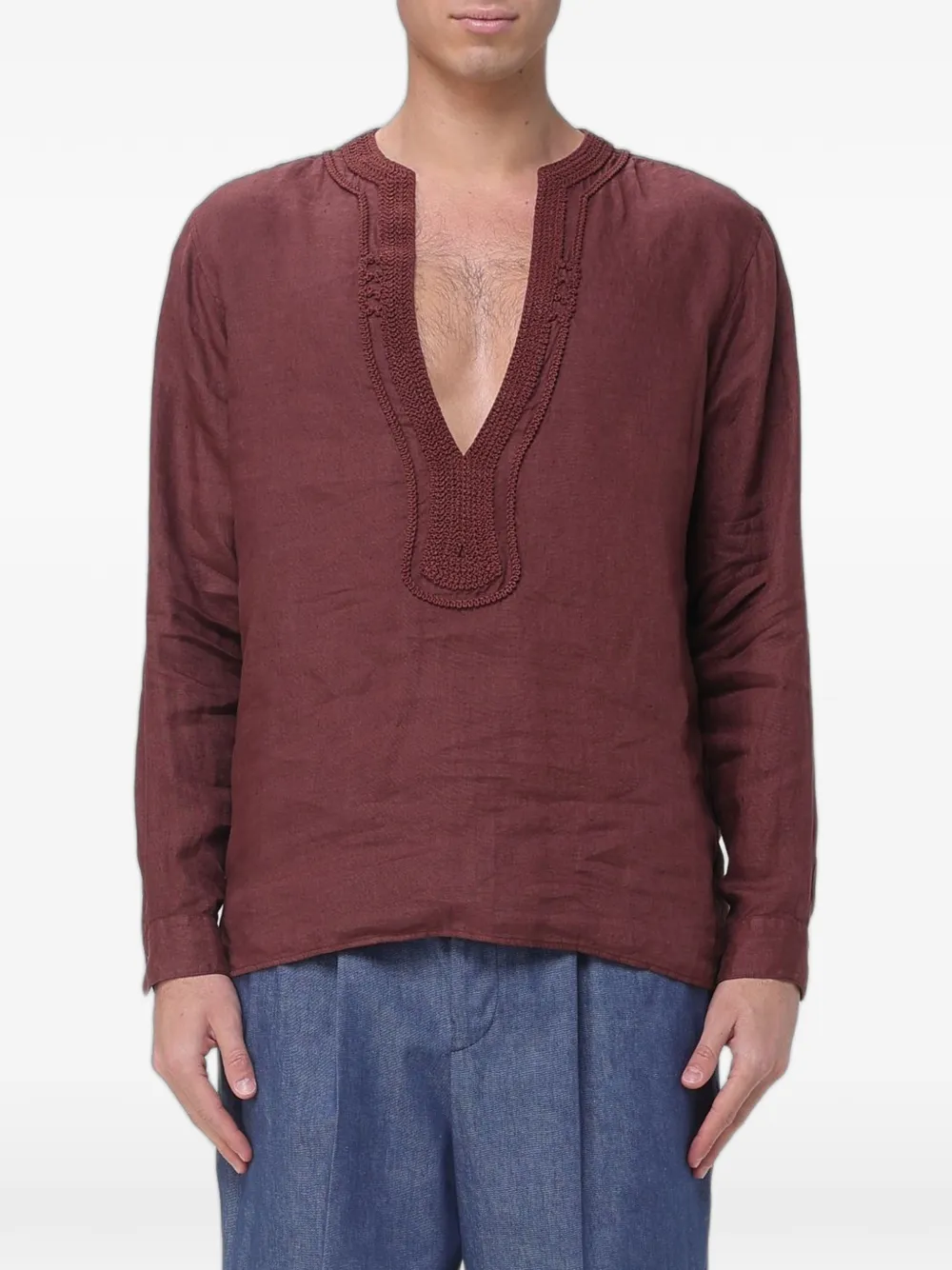 Emporio Armani crochet-trim linen shirt - Rosso