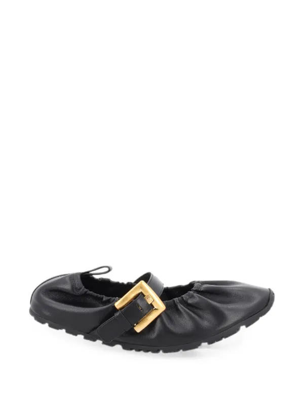 Balmain Anthem Buckle-fastening Ruched Ballet Flats in Black