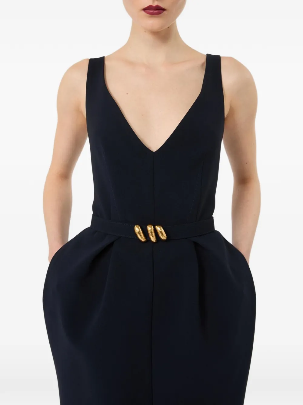 Max Mara Jurk met V-rug en ceintuur Blauw