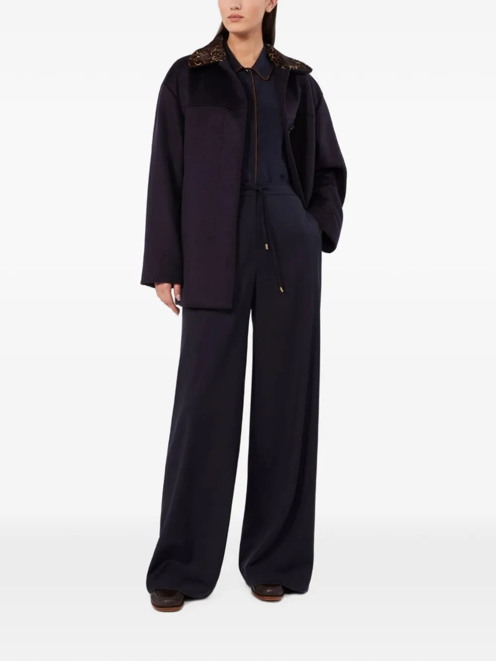 Max Mara Broek met wijde pijpen en trekkoord Blauw