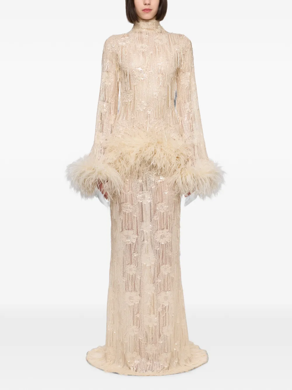 Atu Body Couture sequin-embellished feather-trim dress - Neutrals