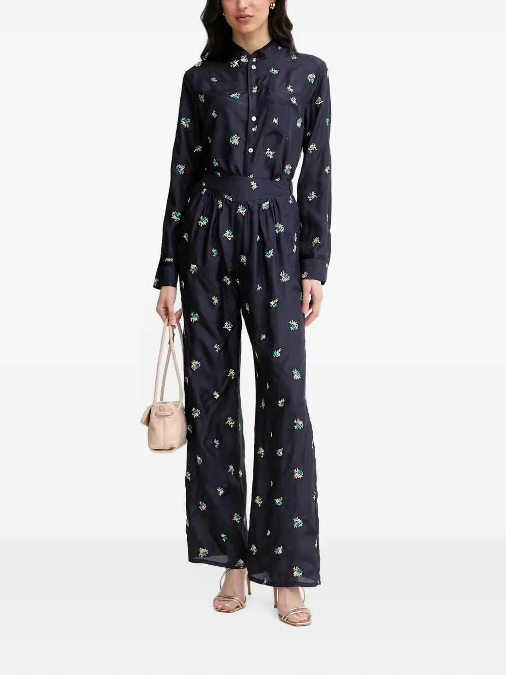 Forte Broek met geborduurde bloemen Blauw
