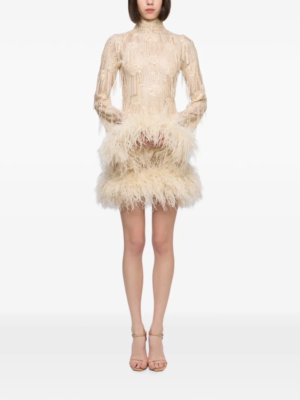 Atu Body Couture sequin-embellished feather-trim dress - Neutrals