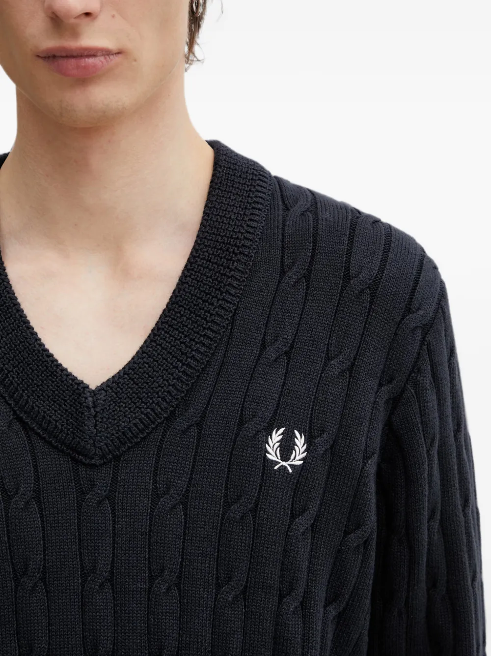 Fred Perry Cable-knit V-neck Sweater In Black