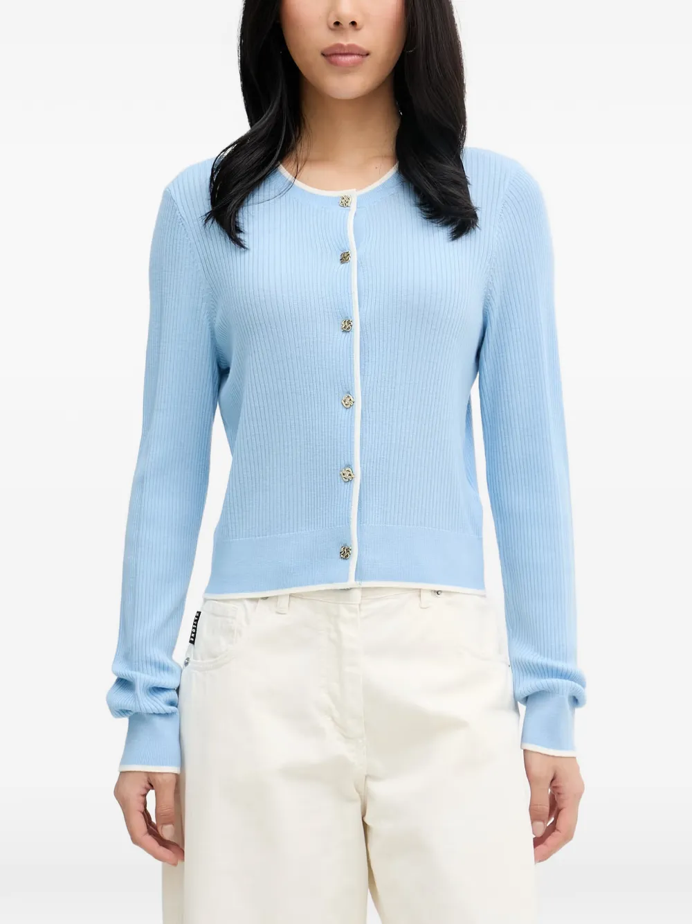 FROM FUTURE ribbed-knit contrast-trim cardigan - Blu