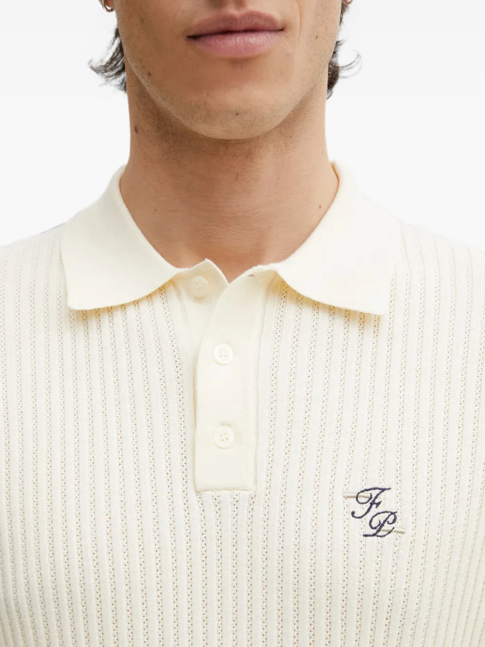 Filling Pieces Ribgebreid poloshirt met geborduurd logo Beige