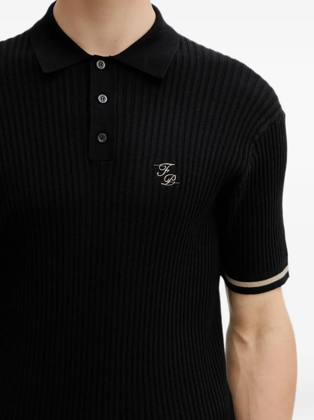 Filling Pieces Ribgebreid poloshirt met geborduurd logo Zwart