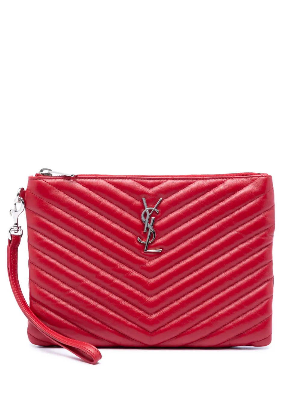 Saint Laurent Pre-Owned 2018 Chevron Leather Monogram Zip A5 Wristlet Pouch clutch bag - Red