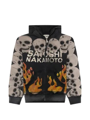 SATOSHI NAKAMOTO skull-print flame-print Hoodie | Black | FARFETCH JO