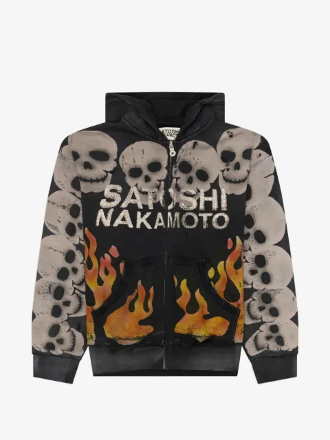 SATOSHI NAKAMOTO skull-print flame-print hoodie
