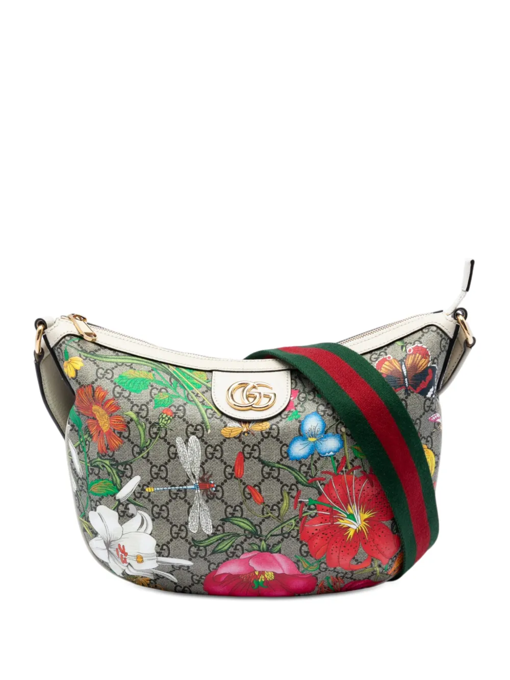 Gucci Pre-Owned Borsa a tracolla Ophidia Half Moon piccola in tessuto GG Supreme con decorazione Web 2016-2026 - Bianco