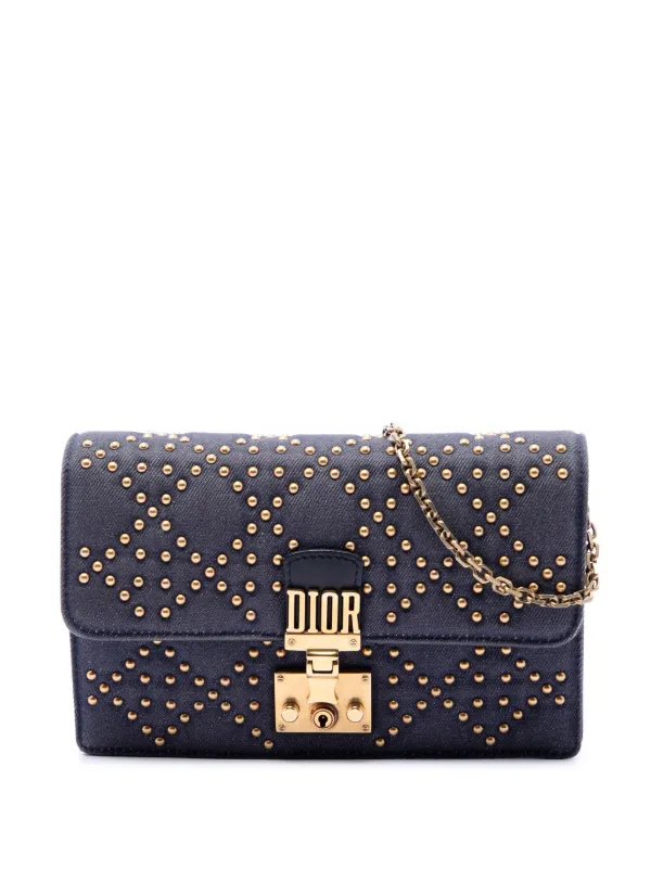 Dior Pre-owned 2017 Denim Cannage Studded Dioraddict Wallet on Chain Crossbody Bag in Blue