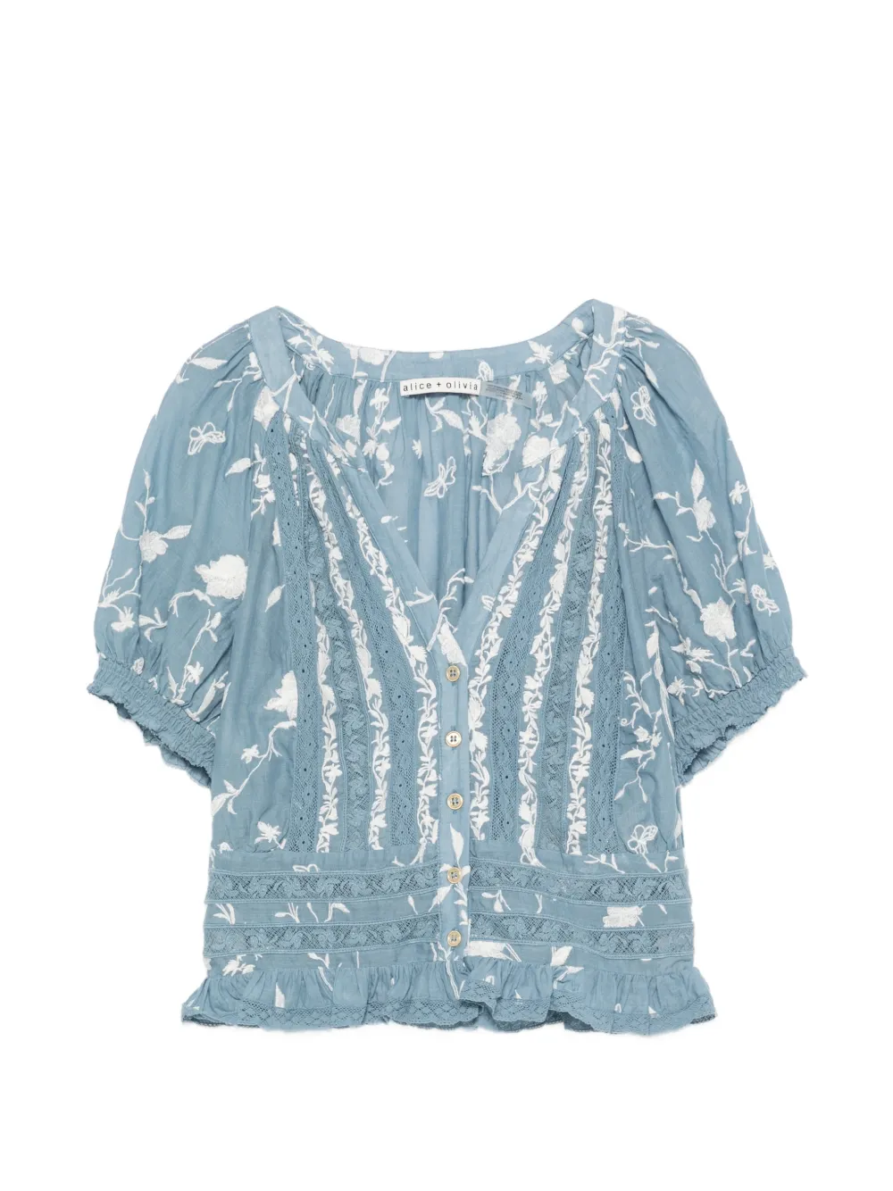 alice + olivia lace-trim embroidered blouse - Blue