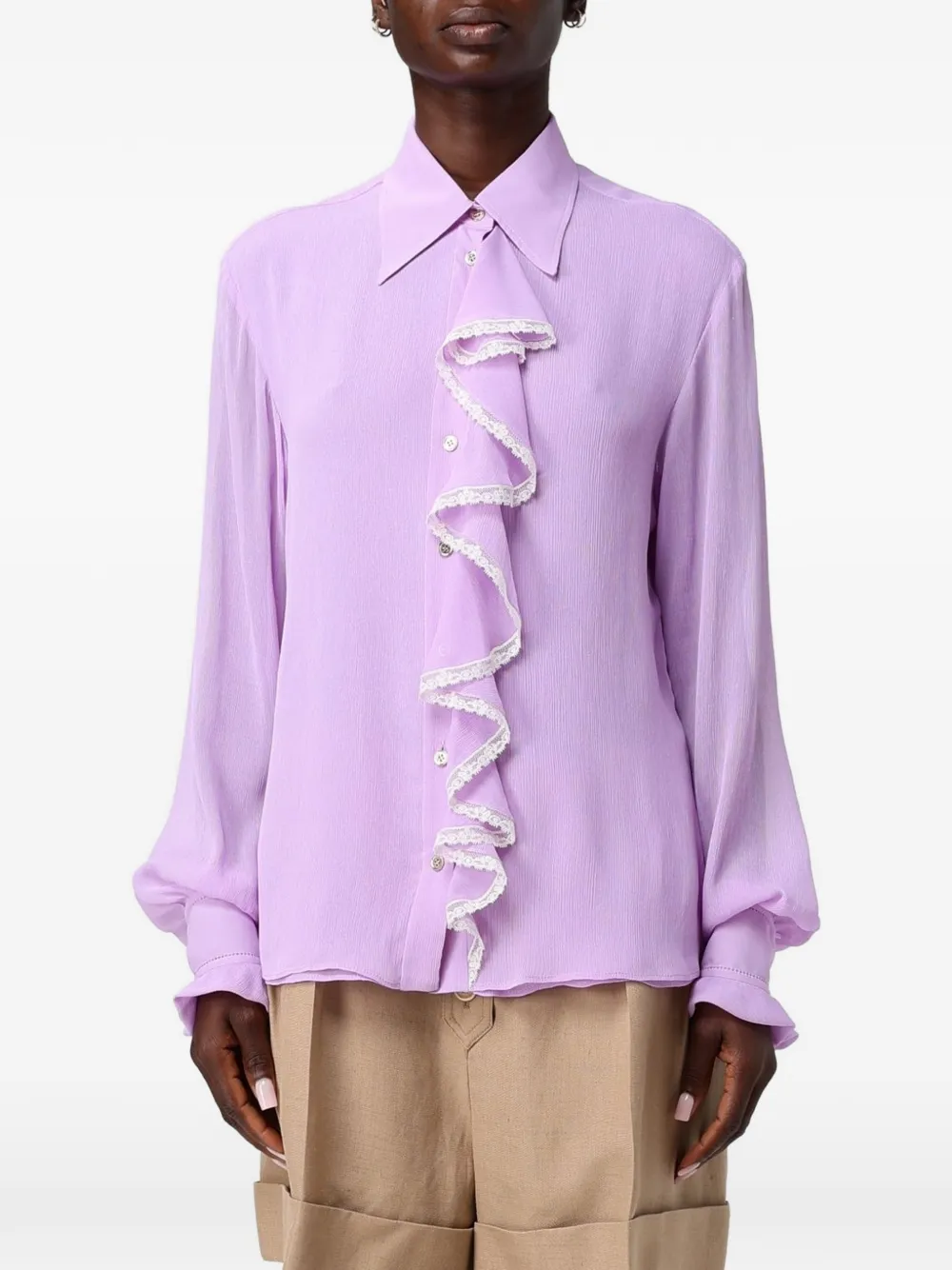 Alberta Ferretti lace-trim ruffled shirt - Purple