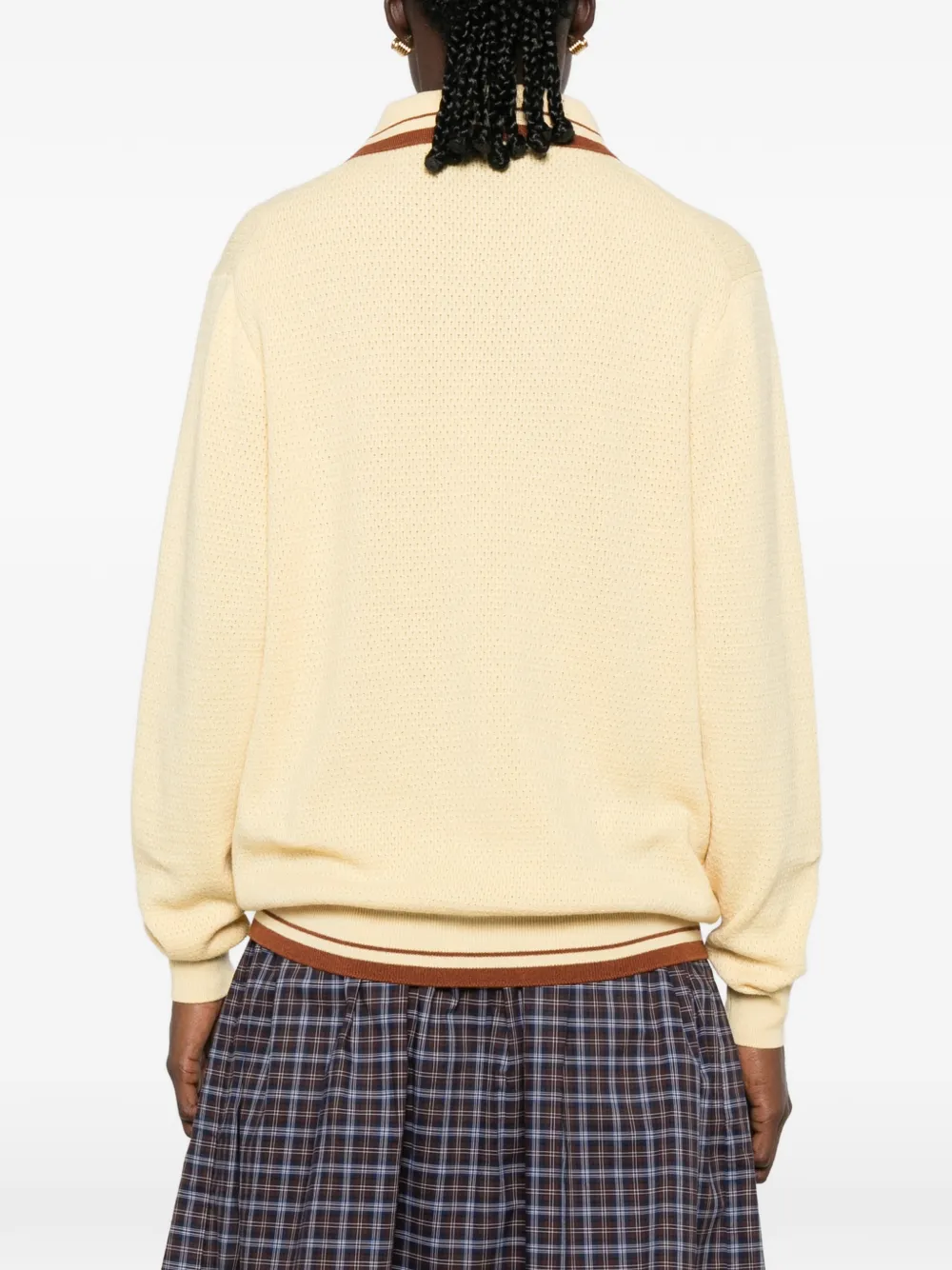Miu logo-embroidered striped-trim sweater Geel