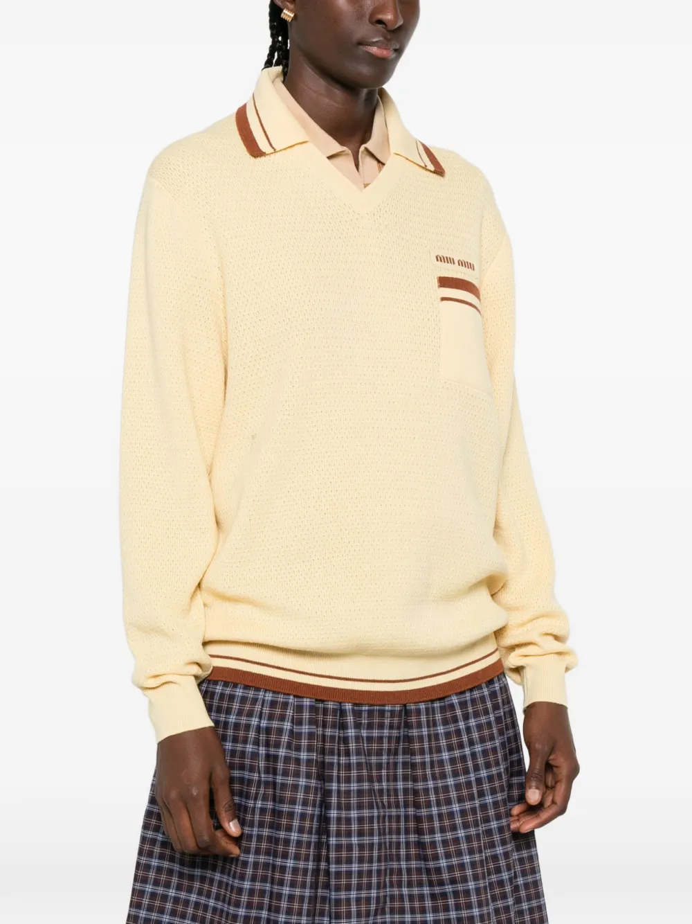 Miu logo-embroidered striped-trim sweater Geel