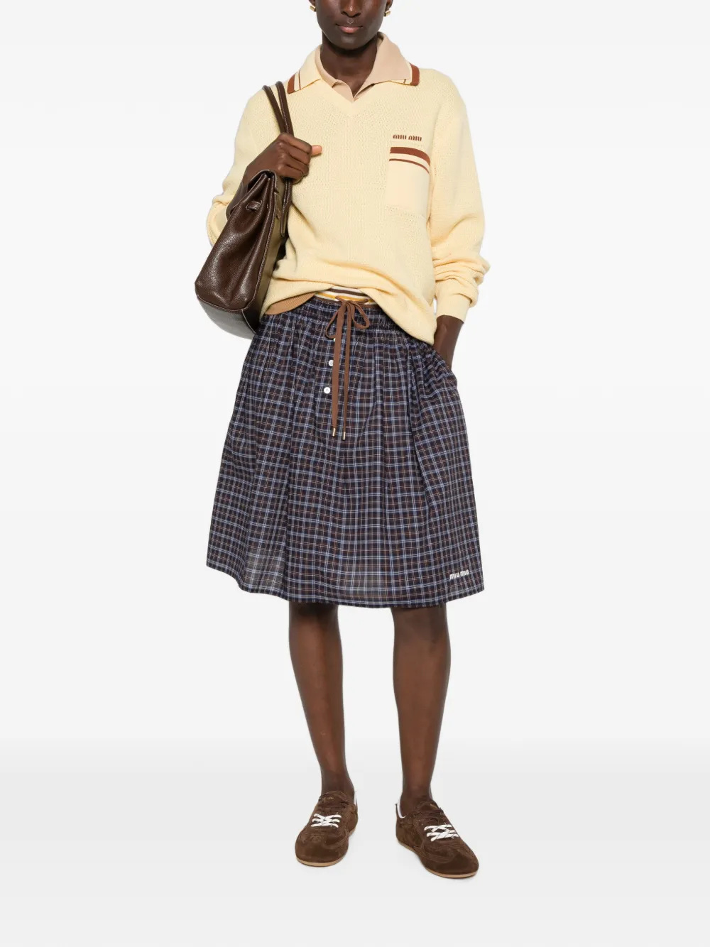 Miu logo-embroidered striped-trim sweater Geel