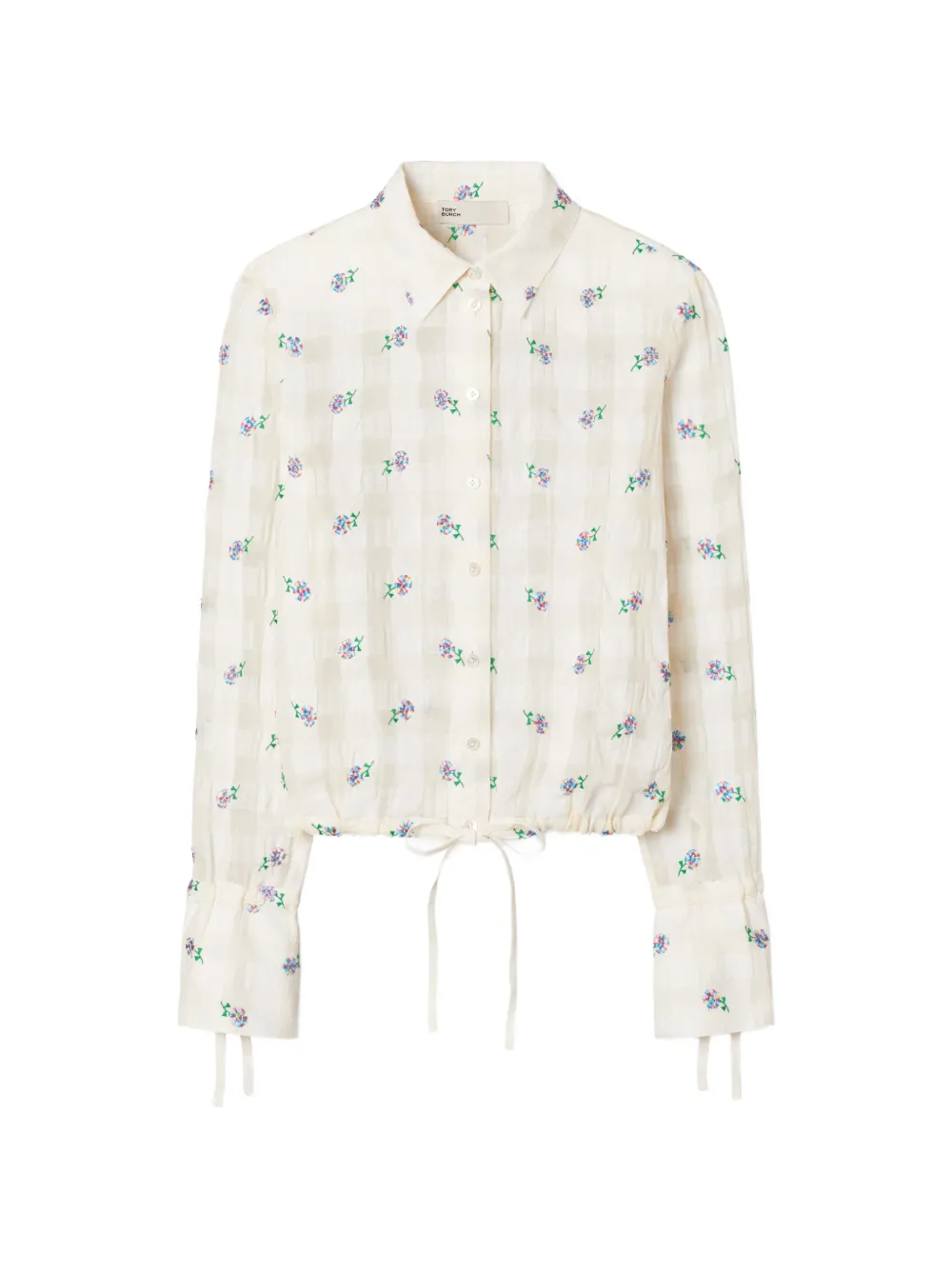 Tory Burch embroideredv gingham drawstring-waist blouse - Neutrals