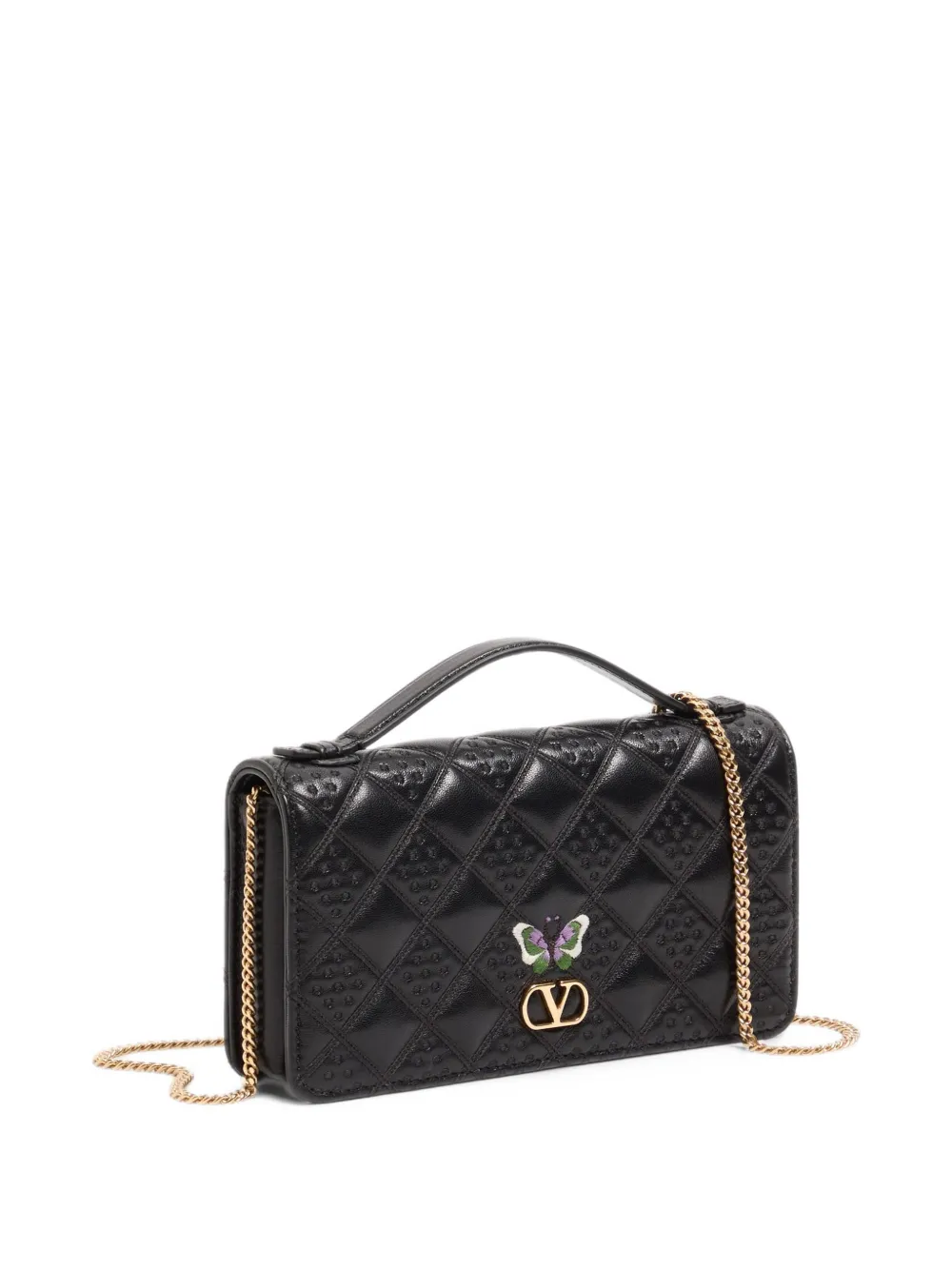 Valentino Garavani Flutterby chain wallet in shiny nappa leather with butterfly embroidery Zwart