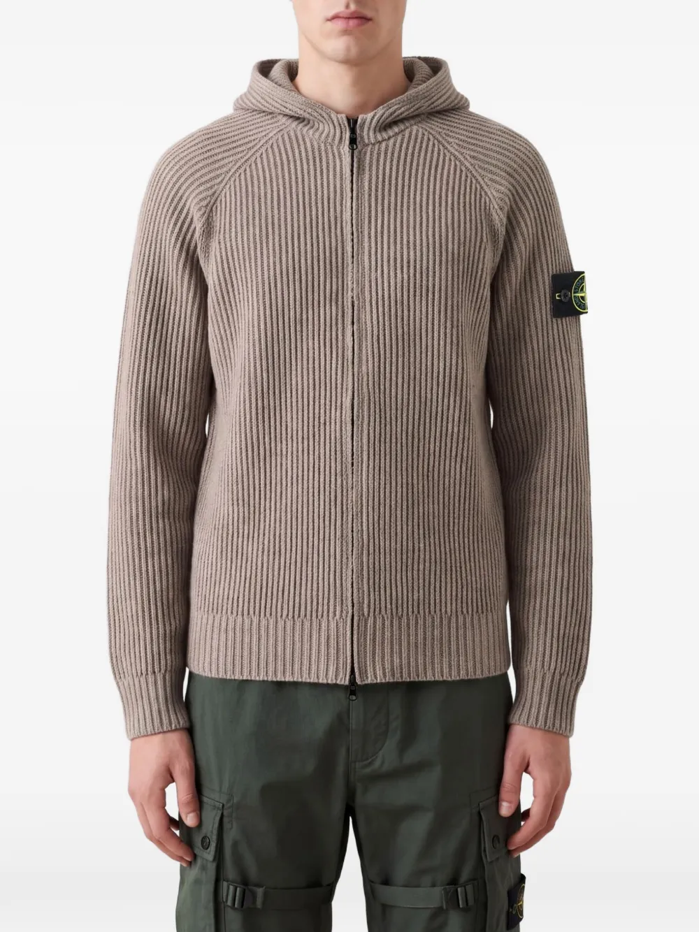 Stone Island Ribgebreide hoodie met Compass-patch Beige