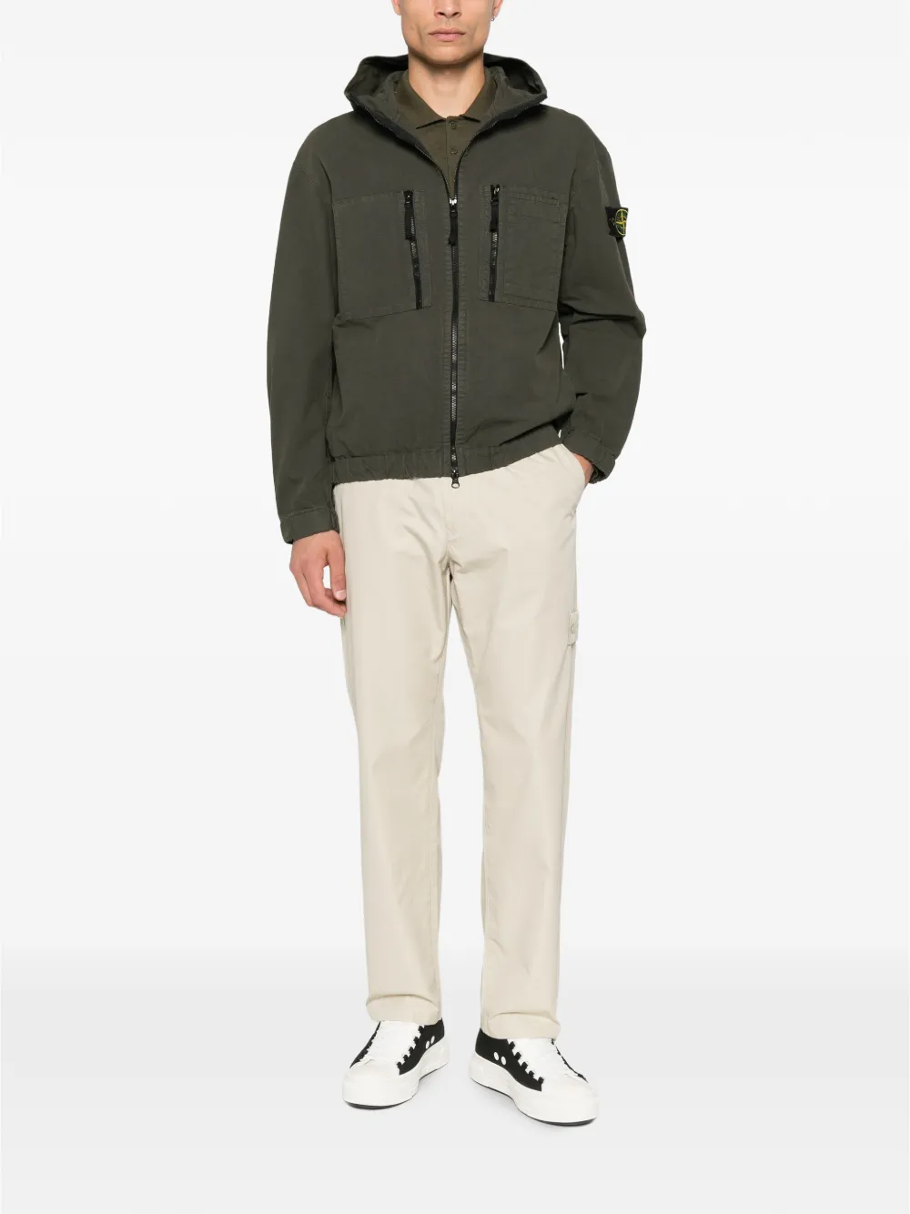 Stone Island 1200011 katoenen ripstop ruimvallend shirtjack met capuchon en ritszakken Groen