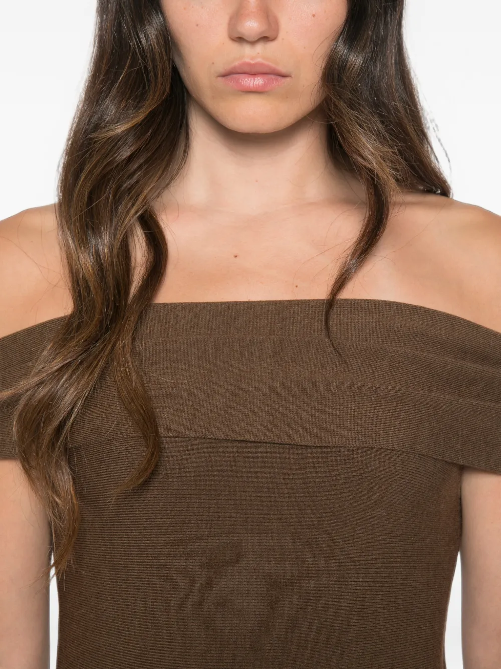 SIMKHAI Camilla off-shoulder midi-jurk Bruin