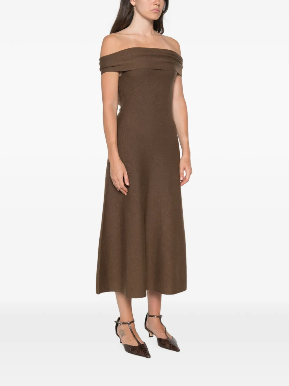 SIMKHAI Camilla off-shoulder midi-jurk Bruin