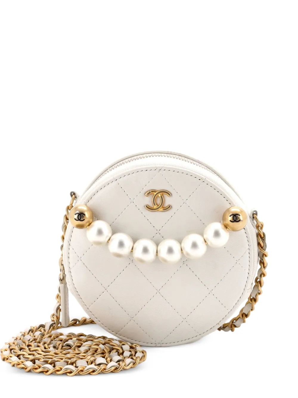 CHANEL Pre-Owned Clutch tonda in pelle di agnello trapuntata con catena e perle - Bianco