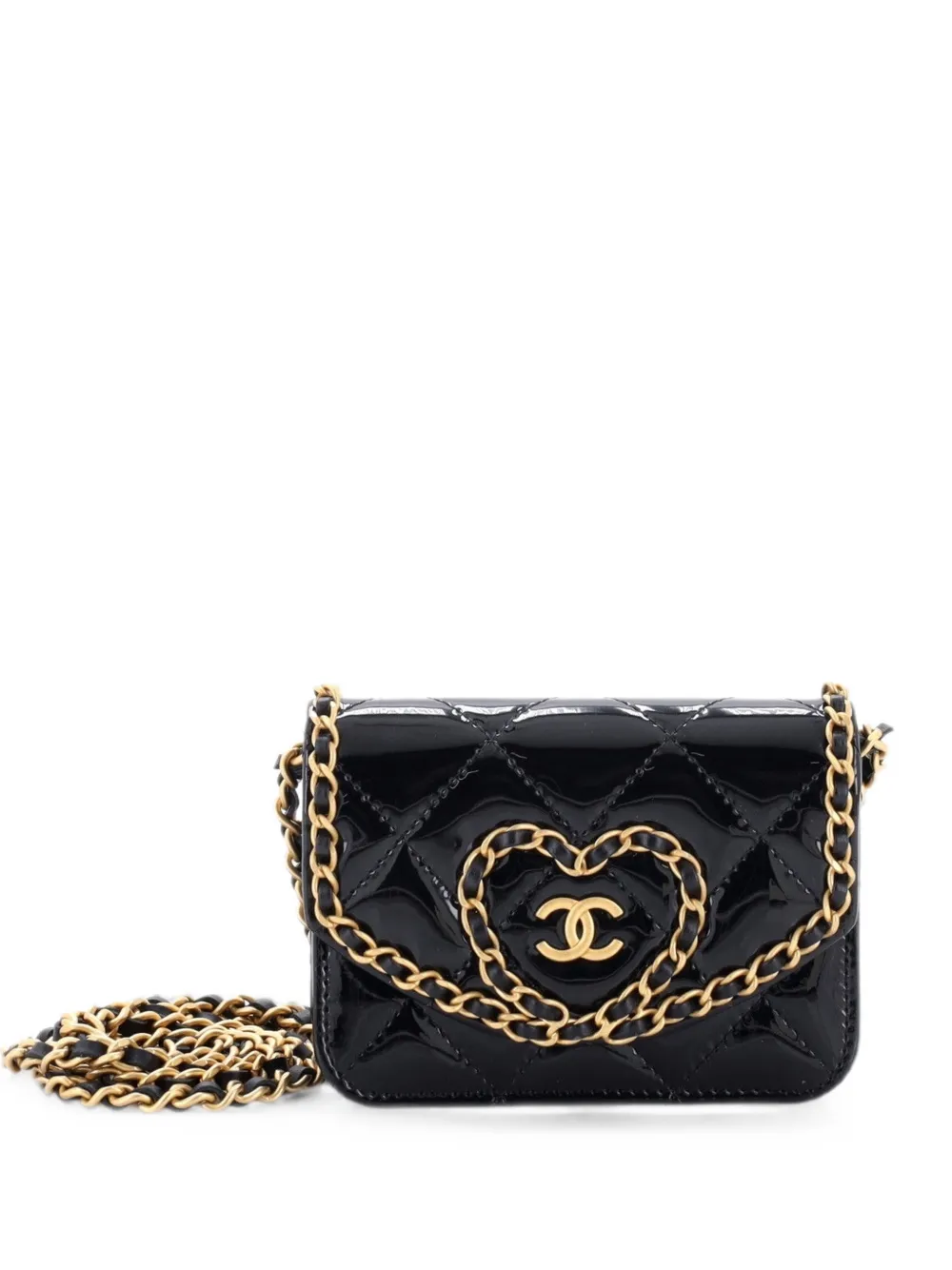 CHANEL Pre-Owned Heart Chain Flap Bag Quilted Patent Mini crossbody bag - Black