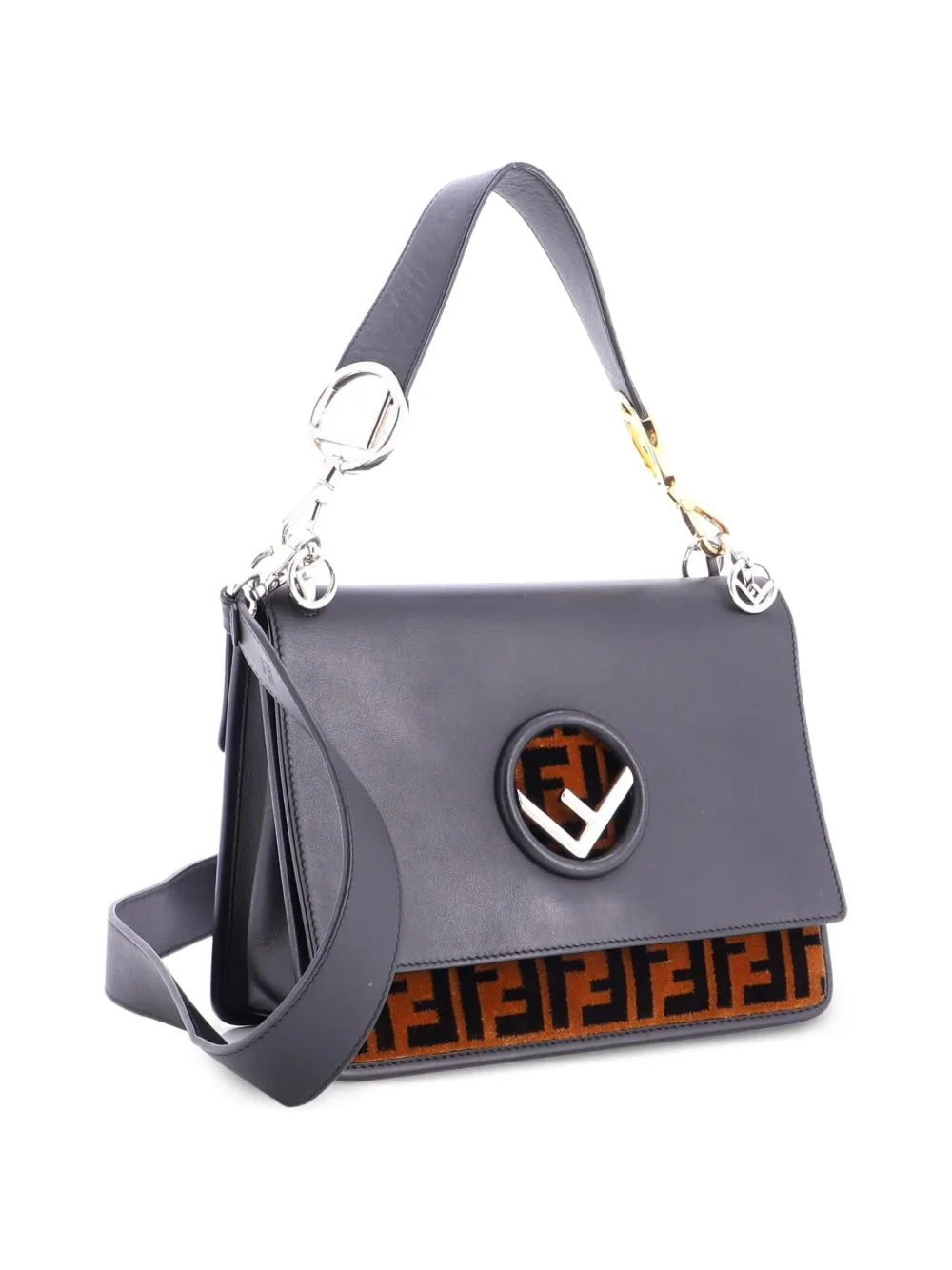 Fendi Pre-owned Kan I F Leather and Zucca Velvet Medium Shoulder Bag in Black, view 3
