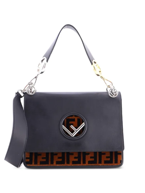 Fendi Pre-owned Kan I F Leather and Zucca Velvet Medium Shoulder Bag in Black