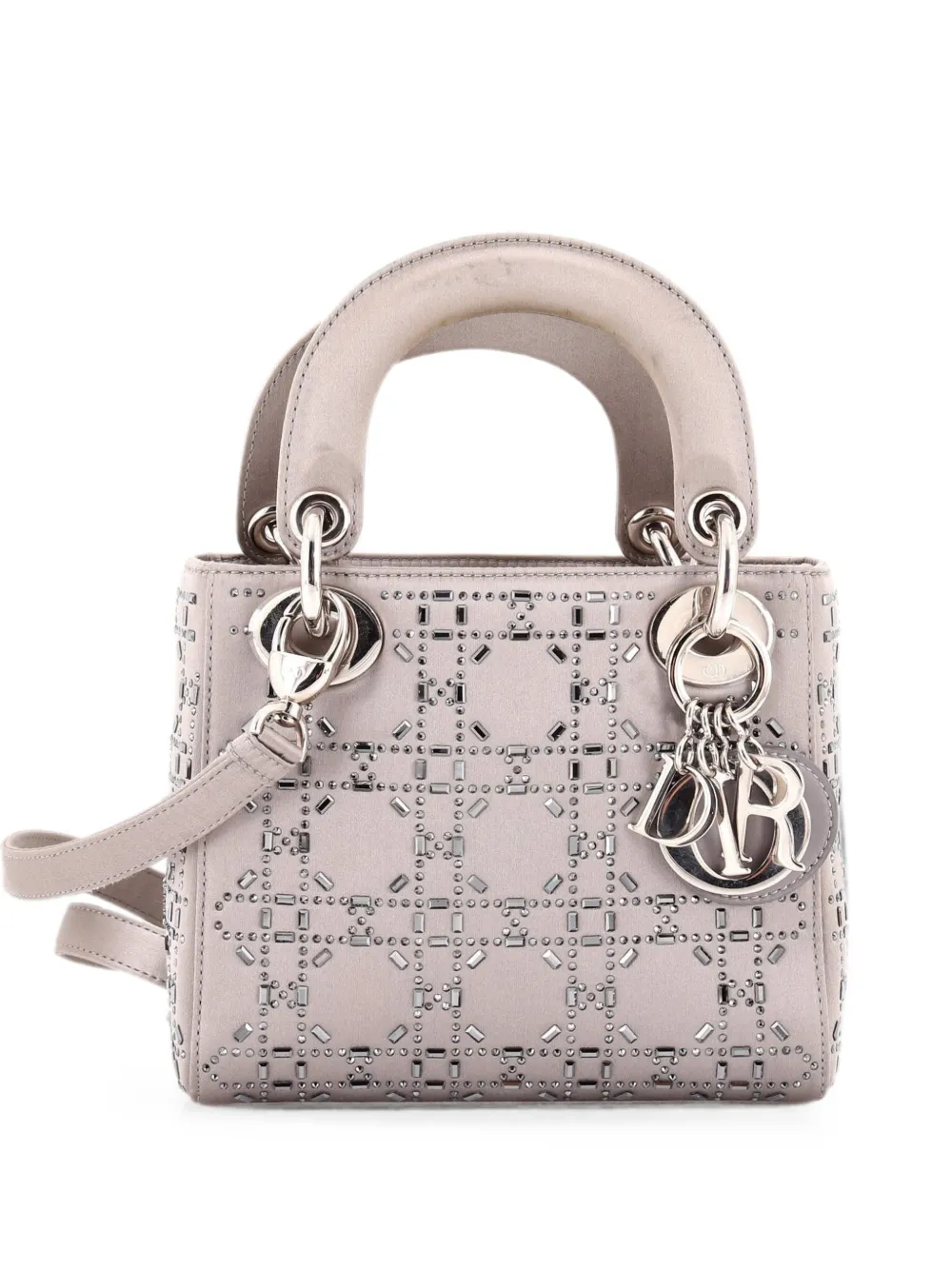 Christian Dior Pre-Owned Lady Dior Bag Crystal Embellished Cannage Quilt Satin Mini satchel - Grey