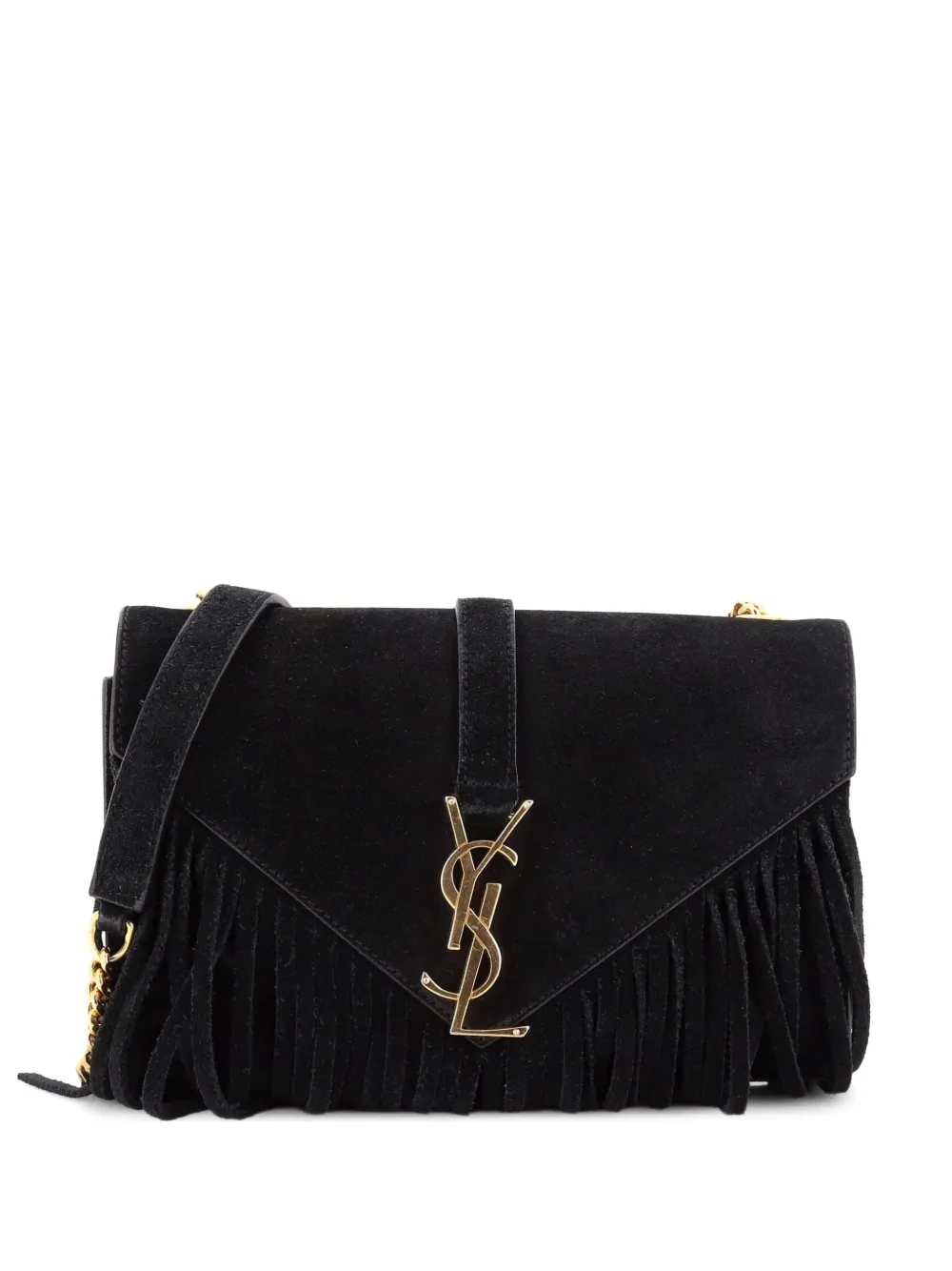 Saint Laurent Pre-Owned Borsa a tracolla Classic Monogram piccola in pelle scamosciata con frange - Nero