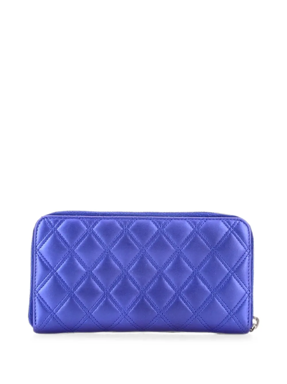  Chanel Pre-owned Double Stitch Zip Around Wallet Quilted Metallic Lambskin Long Small Wallets - Bleu 