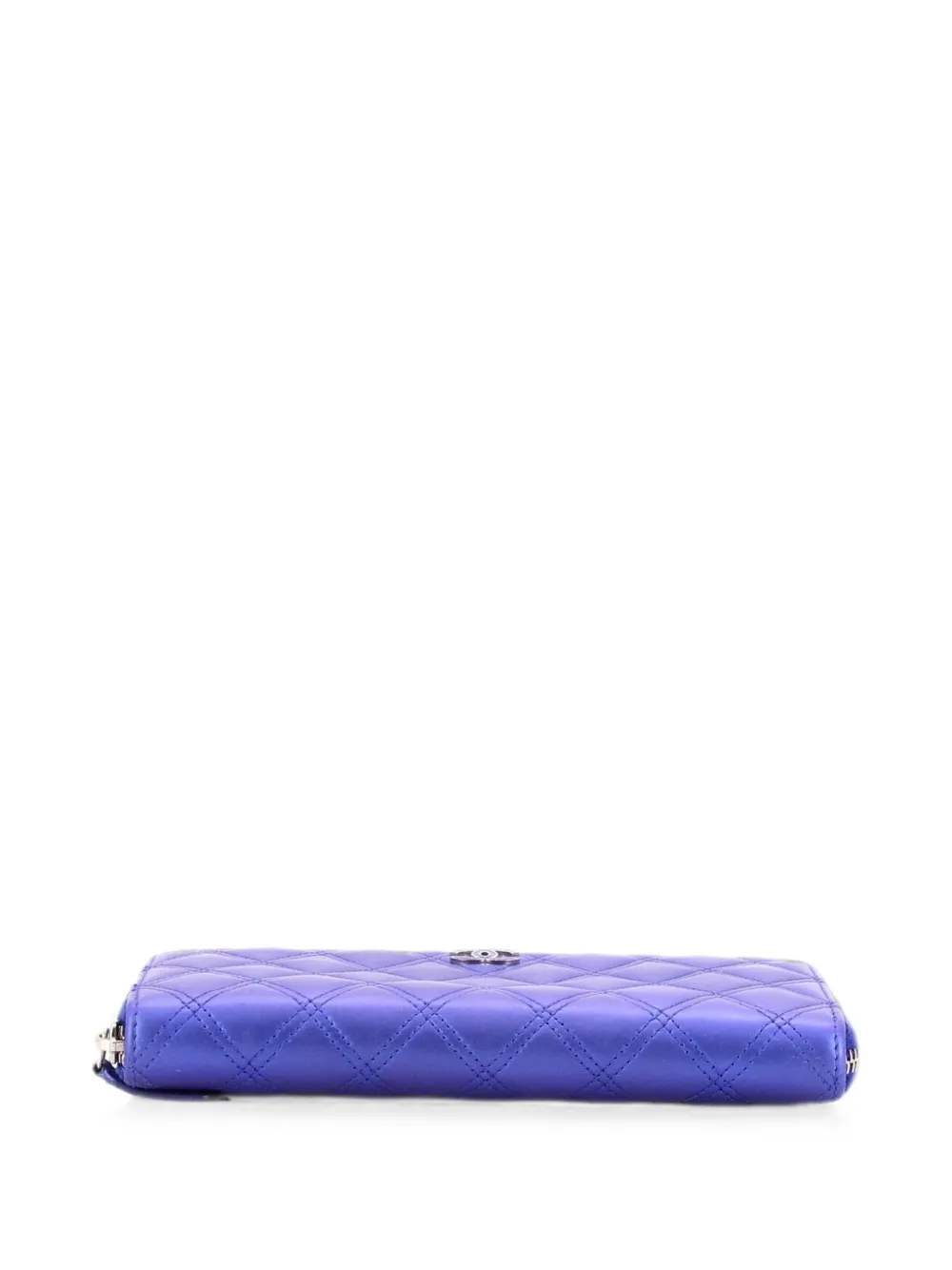  Chanel Pre-owned Double Stitch Zip Around Wallet Quilted Metallic Lambskin Long Small Wallets - Bleu 